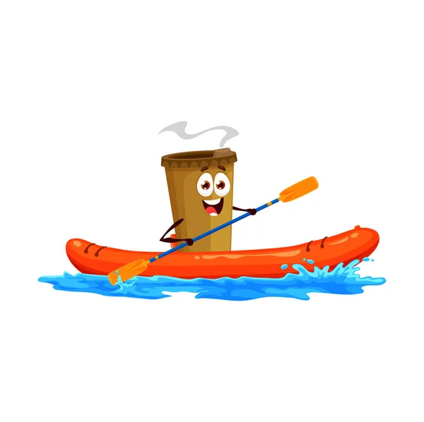 Cartoon Kayaking Coffee Character Happy Paper Mug Coffee Cappuccino Latte — Stock Vector
