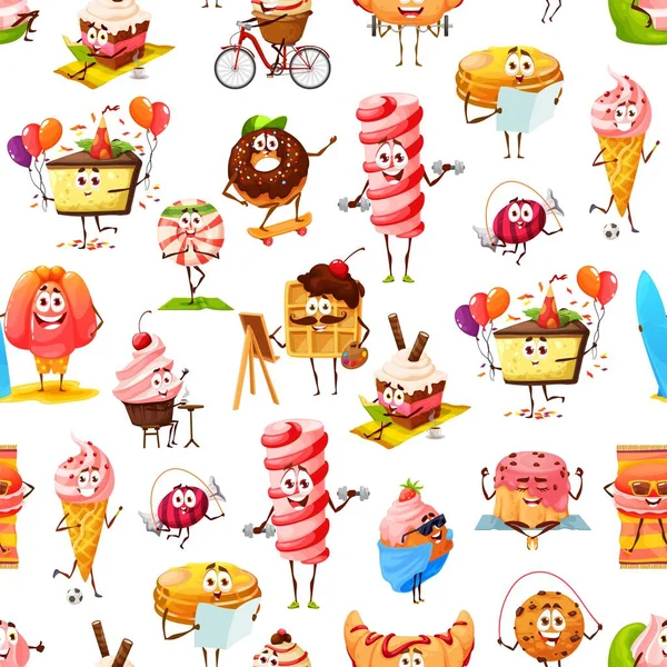 Καρτούν Γλυκά Καραμέλες Επιδόρπια Μπισκότα Χωρίς Ραφή Μοτίβο Αστεία Χαρακτήρες — Διανυσματικό Αρχείο