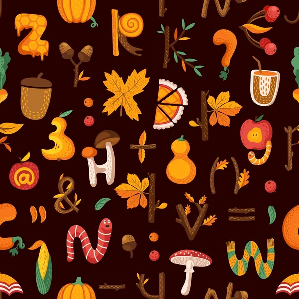 Dessin Animé Automne Thanksgiving Lettres Chiffres Motif Sans Couture Alphabet — Image vectorielle