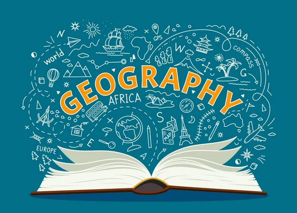 地理学の教科書や学校の本 ベクトル黒板の背景に教育のシンボル 地理学オープン教科書チョークドアの世界のランドマークと学生の学校の研究のための地球の世界 — ストックベクタ