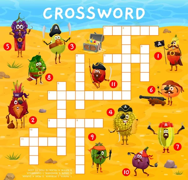 Crossword Quiz Gioco Griglia Cartone Animato Frutta Pirata Corsaro Personaggi — Vettoriale Stock