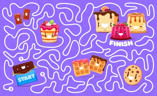 Labyrinth Maze Cartoon Sweets Dessert Characters Kids Vector Board Game — Stock Vector