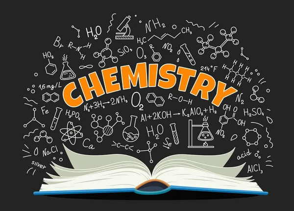 Libro Texto Química Fórmulas Educación Escolar Estudio Vector Pizarra Fondo — Archivo Imágenes Vectoriales