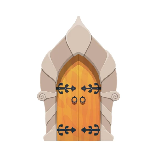 漫画の中世の城門 木製のドア ファンタジーアーチの入り口 歴史的な家の入り口 中世の寺院の門やアラビア語古代の建物の隔離ベクトルドア ヨーロッパの宮殿の外観要素 — ストックベクタ