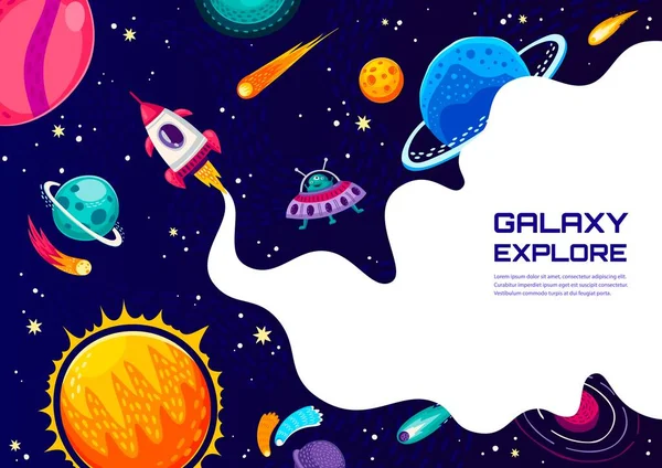 Poster Für Weltraumabenteuer Cartoon Rakete Und Ufo Raumschiff Galaxie Weltraumplaneten — Stockvektor