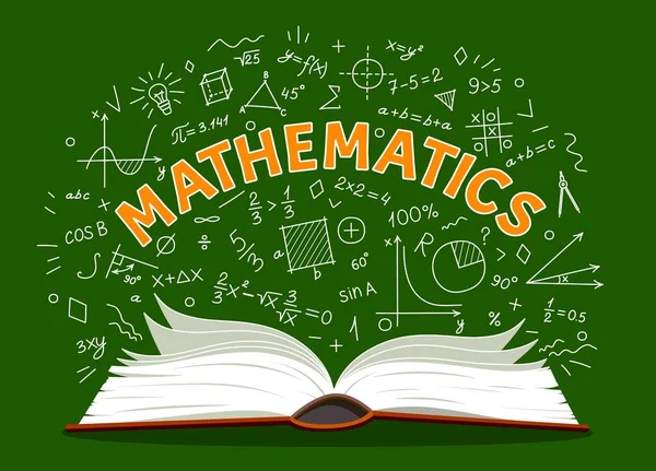 学校教育と研究の数学の教科書や式 ベクトル黒板の背景 数学の方程式のチョークのドアと代数と幾何学式を持つ数学の本 — ストックベクタ