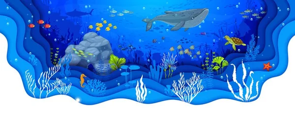 Karikaturwale Tropische Fischschwärme Schildkröten Und Algen Auf Meerespapier Schneiden Die — Stockvektor