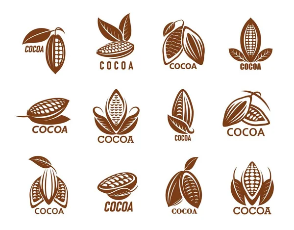 Cacao Pictogrammen Cacao Chocolade Bonen Met Blad Vector Koffieboom Symbolen — Stockvector