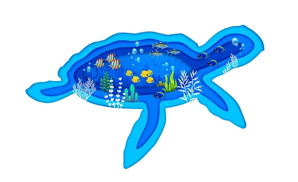 海龟轮廓和海纸剪成的卡通画水下景观 以彩色珊瑚礁 鱼群和爬行动物框架内的其他海洋生物为特色 3D病媒纸虱水生野生动物 — 图库矢量图片