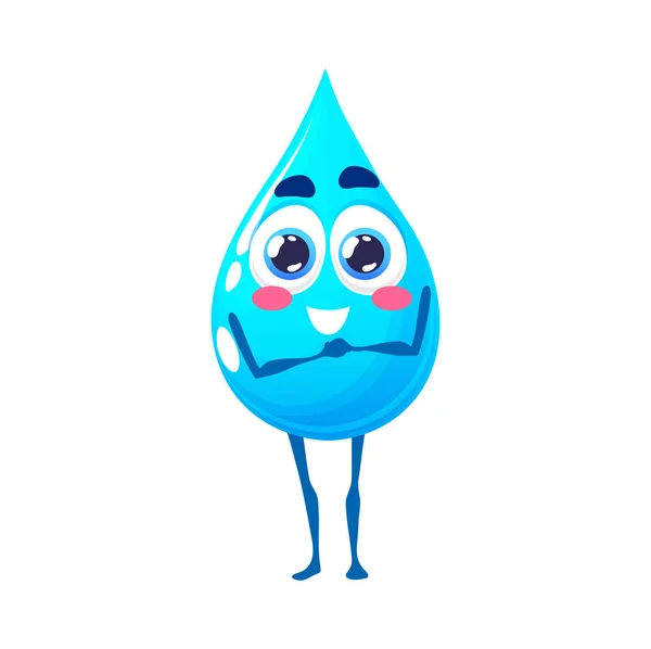 卡通快乐的水滴性格 蓝色水滴 淡水滴或清澈的水滴隔离病媒可爱吉祥物 清澈的饮料 开朗的人物或有一双大眼睛的滑稽人物 — 图库矢量图片