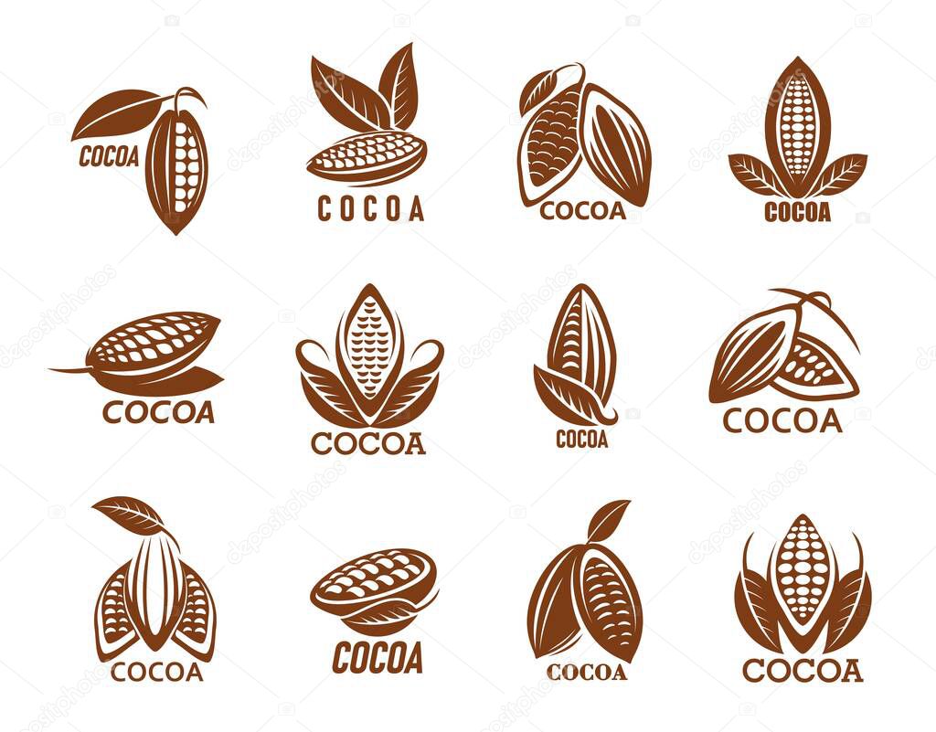 Cocoa icons, cacao or chocolate beans with leaf, vector coffee tree symbols. Cocoa seeds icons for food labels of candy, choco cream or butter and chocolate drink or dessert products