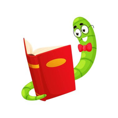 Çizgi roman kurdu karakteri, kitap kurdu hayvan okuma kitabı büyük bir ilgiyle, büyüleyici hikaye ve yazılı kelimenin büyüsü içinde kayboldu. Tecrit edilmiş vektör şirin öğrenci veya kütüphaneci tırtıl.