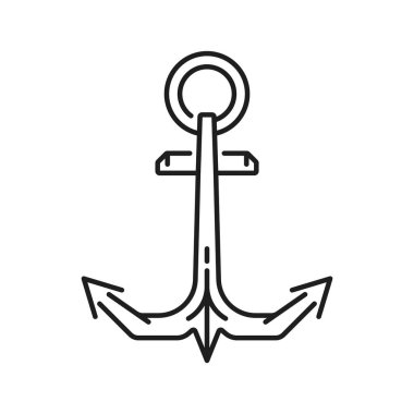 Denizci gemisi demirleme hattı ikonu, okyanus yolculuğu işareti. Donanma gemisi demir yolu tabelası, yat kulübü ya da yelkenli yatı demir kancası, deniz gezisi teknesi ağır ekipman vektör çizelgesi