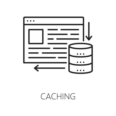 Caching. CDN. Content delivery network icon, blog portal content delivery and backup server, web media data publishing system, CDN outline vector symbol or icon with web page and data storage device clipart