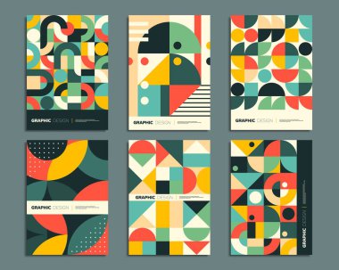 Bauhaus posters with geometric abstract patterns of vector circle, square, triangle and dot shapes. Retro simple color geometry backgrounds set for modern wall arts, cards and covers clipart