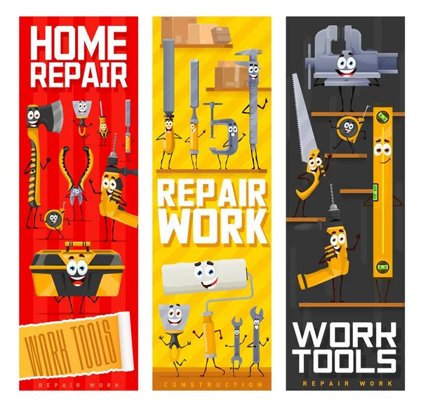 Cartoon Repair Diy Work Tool Characters Vector Banners Funny Hammer — Stock Vector