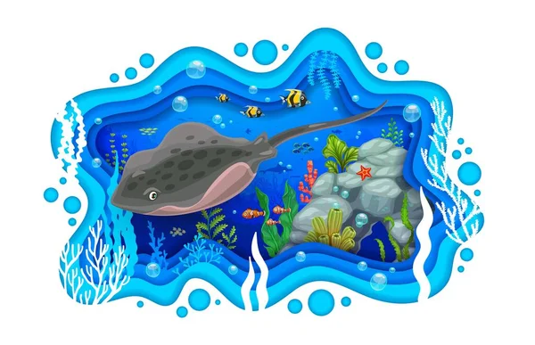 Cartoon Stingray Sea Paper Cut Underwater Landscape Seaweeds Fish Vector — Stock Vector