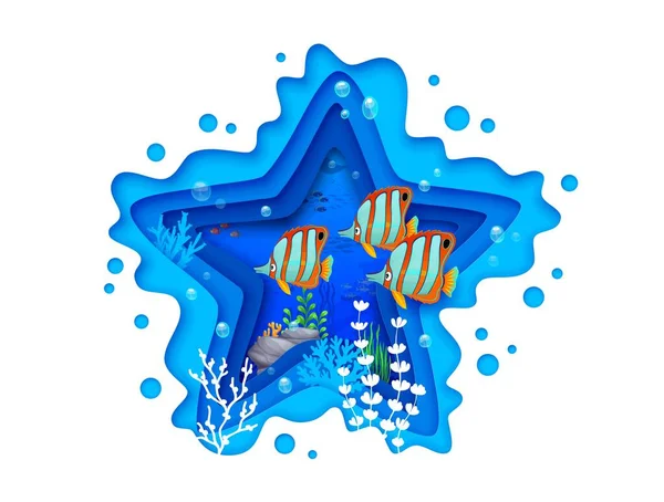 Starfish Shape Sea Paper Cut Landscape Cartoon Tropical Fish Shoal — Stock Vector