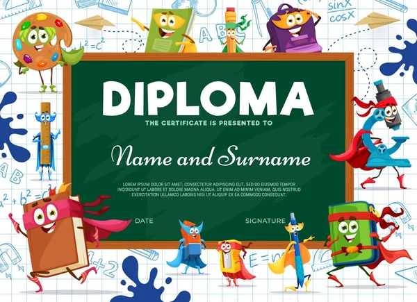 Diploma Niños Personajes Papelería Dibujos Animados Superhéroe Certificado Escuela Educación — Vector de stock
