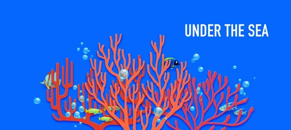 海を救え 海紙カットサンゴ礁サンゴと熱帯魚が調和して泳ぎ 海洋生物や生態系の本質を詳細に捉える魅惑的な水中3Dベクトルシーンを作成します — ストックベクタ