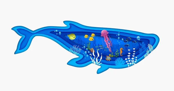 Silueta Ballena Marina Papel Mar Cortado Paisaje Submarino Fauna Arrecife — Vector de stock
