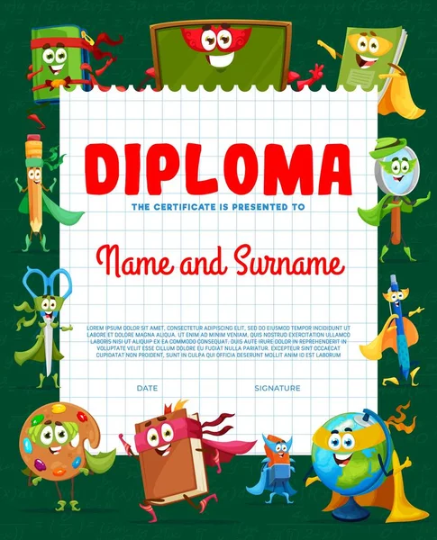 Bambini Diploma Cartoni Animati Personaggi Supereroi Cancelleria Certificato Vettoriale Diploma — Vettoriale Stock