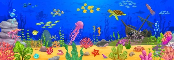 水中風景 沈没船 岩や海藻 サンゴ礁や動物と漫画のベクトルの背景 ウミガメ クラゲ 魚の浅瀬のシルエット 水生熱帯生物 — ストックベクタ