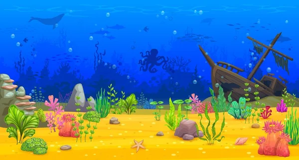 Zeichentrick Unterwasserlandschaft Spielebene Seeblick Tiefsee Tierwelt Oder Korallenriff Vektorhintergrund Unterwasser — Stockvektor