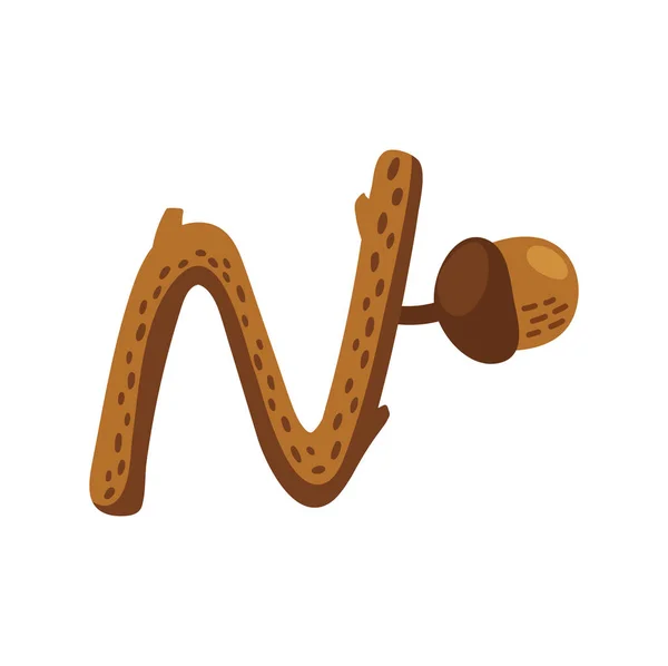 木の枝の形をした文字Nで 秋のAbcアルファベットのサインが付いています 数字フォント要素 漫画感謝祭の日の書体 ベクトルフォントタイプセット — ストックベクタ