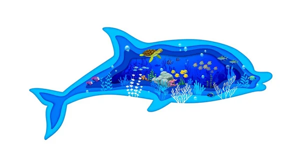 海豚轮廓和卡通画海纸在3D矢量框架内切割水下景观 用海洋生物多样性创作美丽而充满活力的以海洋为主题的装饰的纸片艺术 — 图库矢量图片