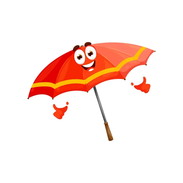 漫画の赤い傘の文字 親指を示す笑顔と肯定的な感情を持つかわいいと面白いベクトルパラソル 天気予報や気候予測 子供の本やゲーム 絵文字のための隔離された性格 — ストックベクタ