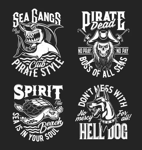 Tiburón Tortuga Doberman Capitán Pirata Mascotas Del Cráneo Huellas Camisetas — Vector de stock