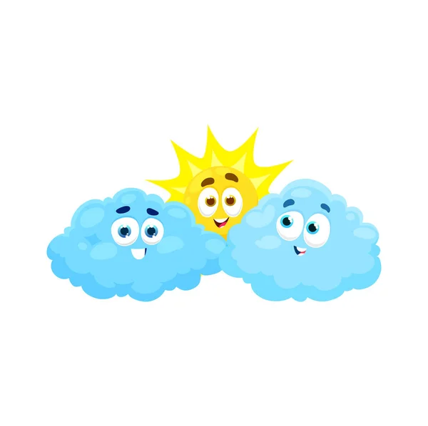 卡通云和阳天气人物 矢量可爱 顽皮的蓝色蓬松的云彩 笑容满面 黄黄的太阳人 满面春风 晴天和阴天之间的平衡 — 图库矢量图片