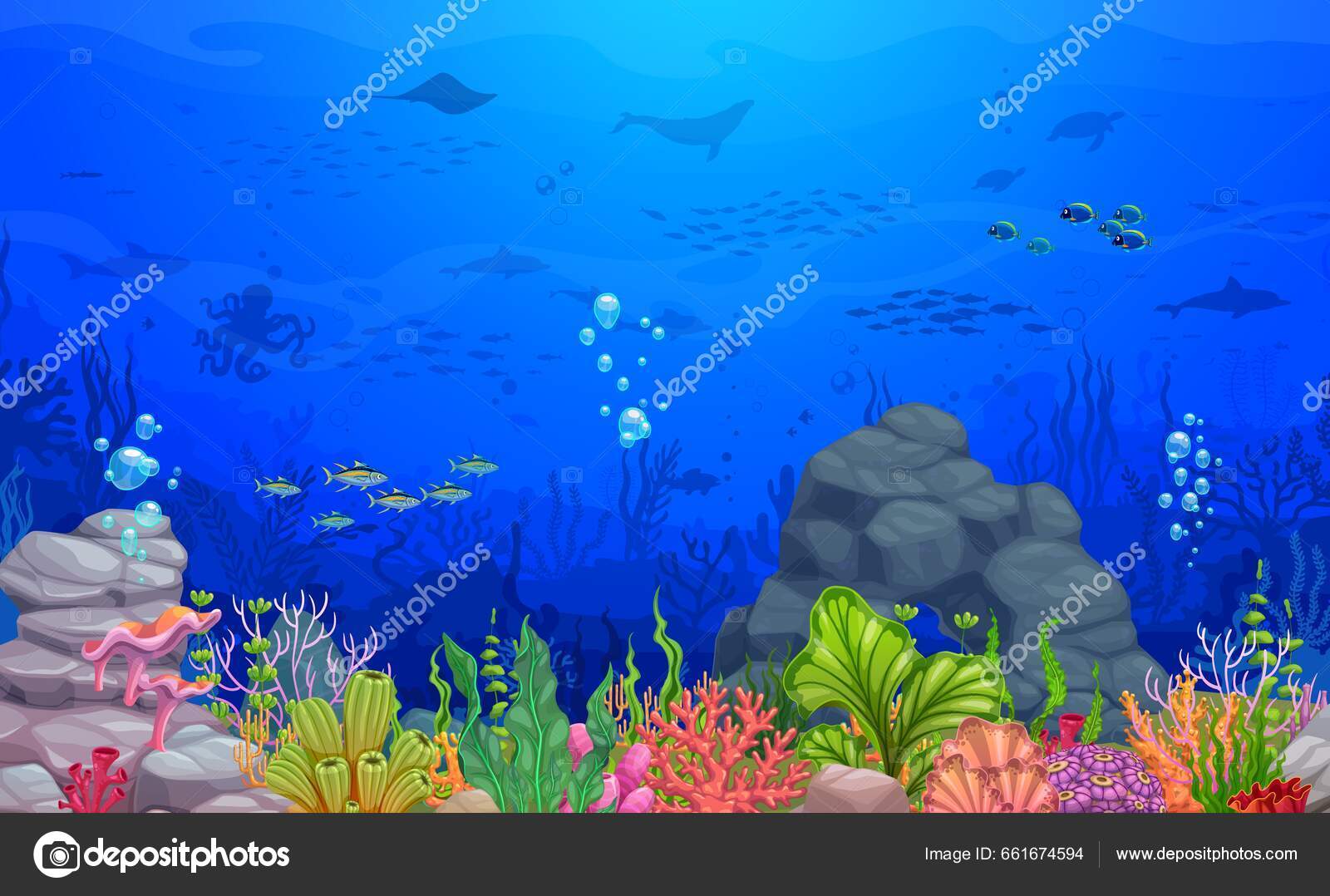 水中海洋壁デカールセット、クラゲと魚と海洋生物のサンゴ礁、120x82cm 漫画の水中風景 ゲームレベル サンゴ 岩や動物とベクトル背景  熱帯海底海洋生物多様性を持つ海底世界 ストックベクター ©Seamartini 661674594, image size:1600x1078