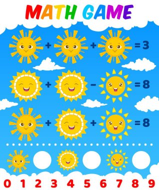 Matematik oyun çalışma tablosu. Çizgi film karakterleri. Çocuk eğitim oyunu, toplama ve çıkarma bulmacası, vektörel matematik sınavı veya mutlu gülümseyen ve gülen güneş yüzlü bilmece