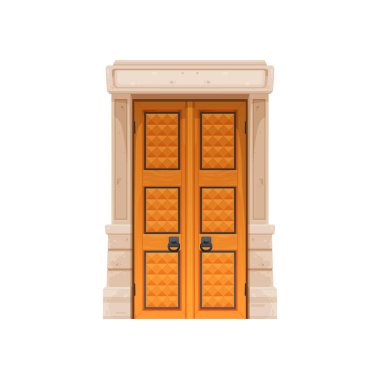 Çizgi film ortaçağ kale kapısı, saray ahşap kapısı. Antik ev dış mimari unsuru, ortaçağ saray ahşap kapısı ya da tarihi yapı taşı taşıyıcı geçit. Avrupa kalesi girişi