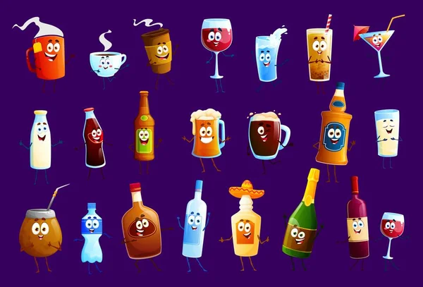 Happy Drink Beverage Characters Vector Tea Coffee Cups Wine Glass — Stock Vector