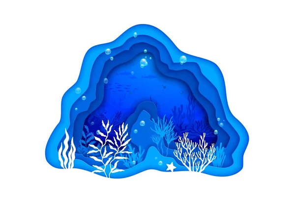 Cartoon Sea Paper Cut Underwater Landscape Aquatic Bottom Underwater Deep — Stock Vector