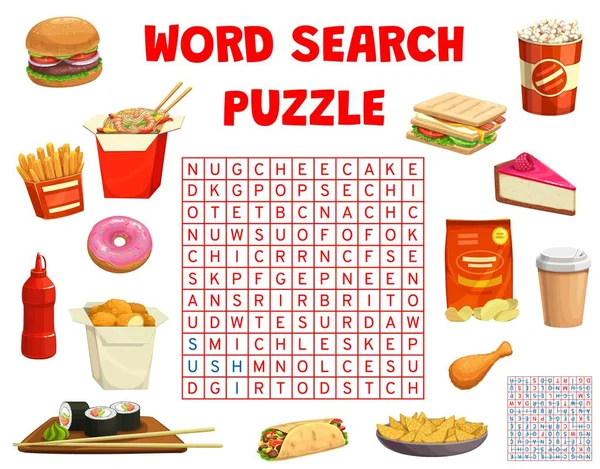 Fast Food Snacks Wortsuche Puzzle Oder Arbeitsblatt Vektor Wort Quiz — Stockvektor