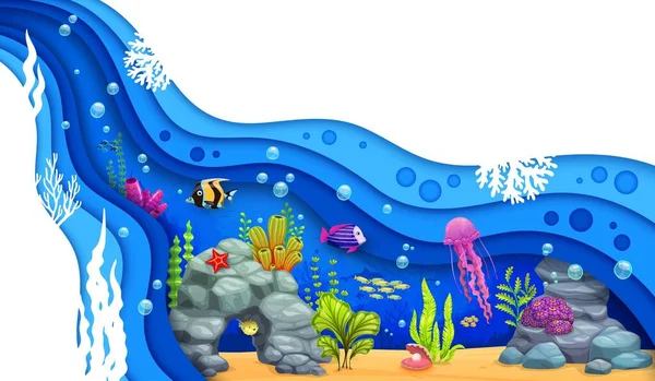 卡通水下剪报海景与热带鱼 海藻和水母 矢量海底背景 海世界或海洋珊瑚礁在海星 水母和贝壳的纸浆层中 — 图库矢量图片