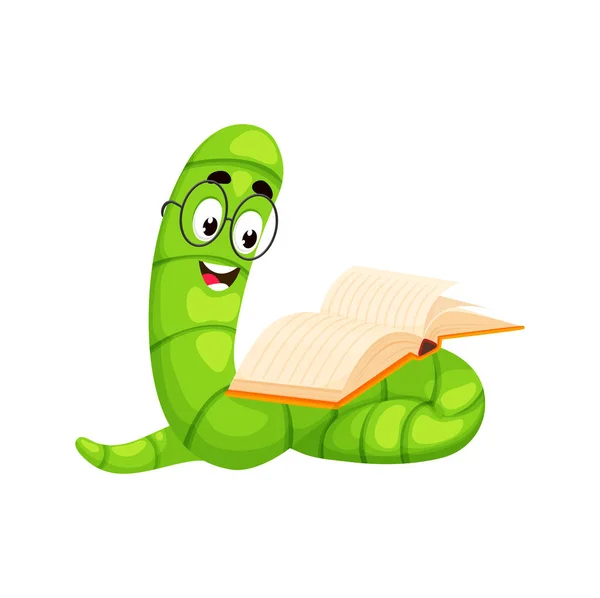 卡通书虫人物 书虫动物 孤立的矢量可爱的绿色小虫子沉浸在阅读中 脸上有迷人的表情 有趣的毛毛虫学生 书呆子 怪胎或读者 — 图库矢量图片