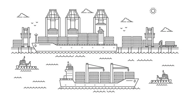 Paisagem Portuária Centro Embarque Marítimo Delinear Fundo Transporte Contêineres Logística —  Vetores de Stock