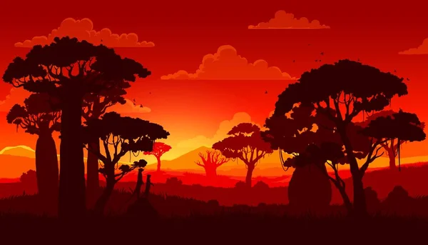 Африканский Силуэт Заката Саванны Пейзаж Панорама Баобабами Сурикаты Животных Силуэты — стоковый вектор