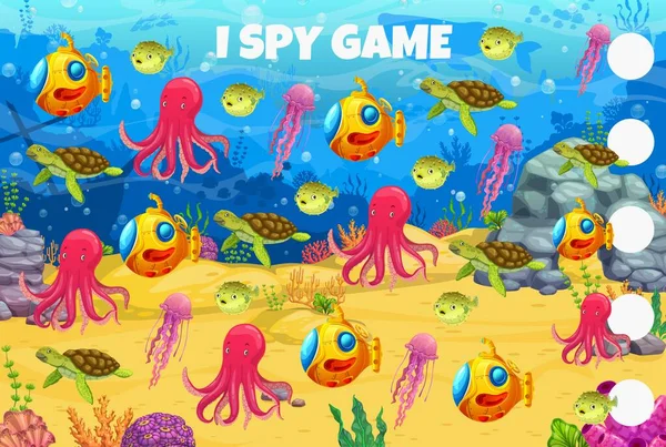 スパイゲームだ 漫画の海の動物 潜水艦や水中の風景 オブジェクトの検索パズル 計算クイズや子供のゲームベクトルワークシート亀 魚やクラゲの海の動物と — ストックベクタ