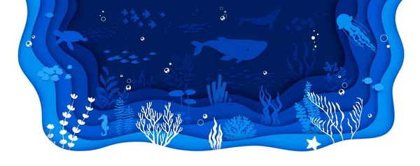 Meerespapier Schnitt Unten Landschaft Wale Und Quallen Fischschwärme Und Schildkrötensilhouetten — Stockvektor