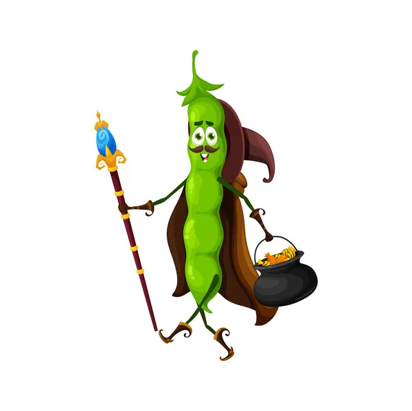 卡通万圣节绿豆的角色 用魔杖和加糖的大锅隔离病媒 微笑蔬菜巫师 穿着节日服装 头戴巫术帽 头戴斗篷的滑稽蔬菜魔法师 — 图库矢量图片