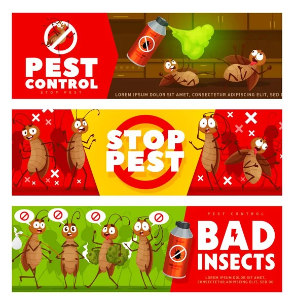 Pest Control Cartoon Cockroach Characters Insects Extermination Vector Banners Pest — Stock Vector
