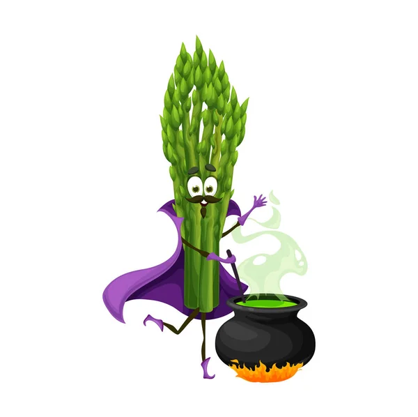 Cartoon Halloween Spargelzauberfigur Isolierte Vektorpflanzenzauberer Tragen Tarnkochtrank Kessel Joviale Zauberer — Stockvektor