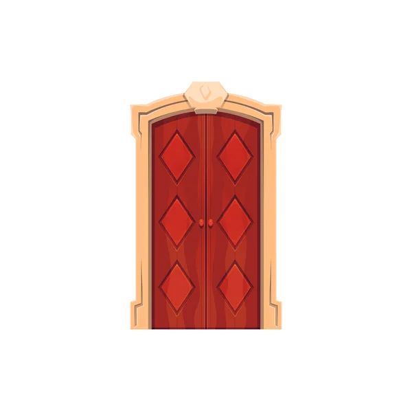 玄関のドアだ 質感の岩のドアジャムの表面と幾何学的な菱形のパターンと絶縁ベクトルエレガントなヴィンテージレッド木製のゲート ホテルや家の漫画閉鎖豪華な入り口ポータル — ストックベクタ