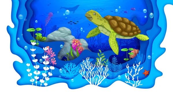 Cartoon Sea Turtle Underwater Paper Cut Landscape Vector Picturesque Background — Stock Vector
